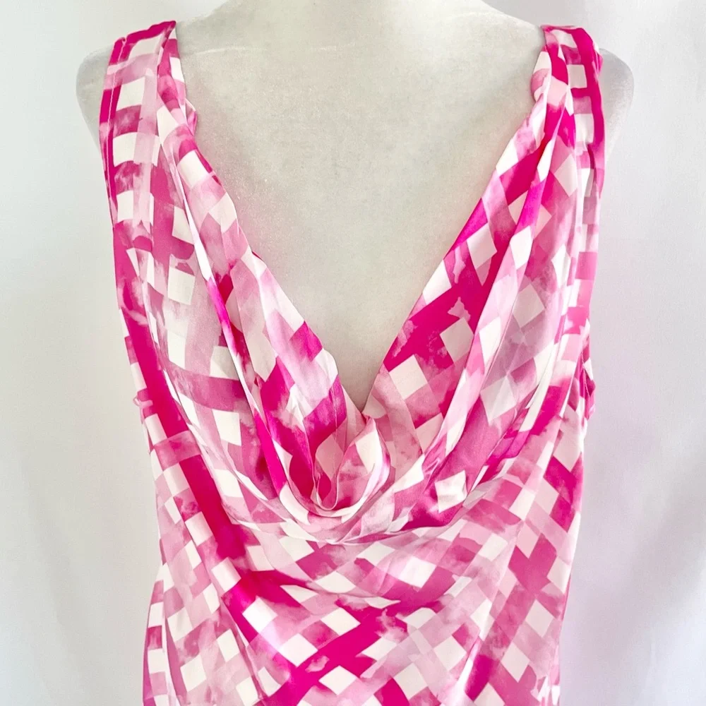 New Chloe Kristyn Gingham Satin Double Strap Cowl Neck Tank Top Pink Size Large - Picture 3 of 16